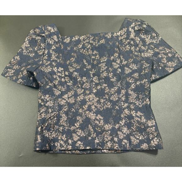 Club Monaco NWT Brocade Puff Sleeve Blouse in Blue Multi in Size 2 MSRP $150 - Picture 4 of 5